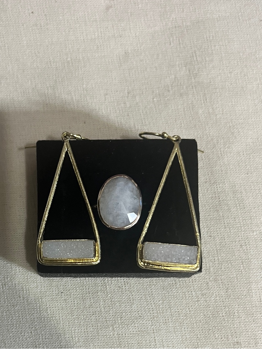 Gold Plated Moonstone Oval Ring & White Druzy Triangle Drop Earrings Set